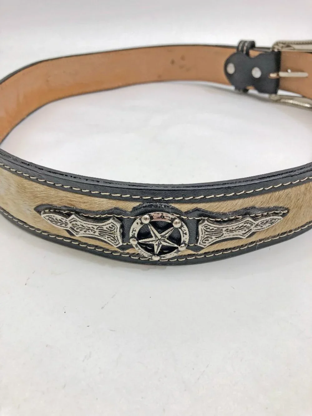 Western leather Belt Size 36 Black Leather & Tan Fur Silvertone Buckle Longhorns